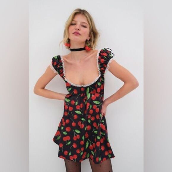 For Love And Lemons Xena Mini Cherry Dress Black Size S - Picture 6 of 10